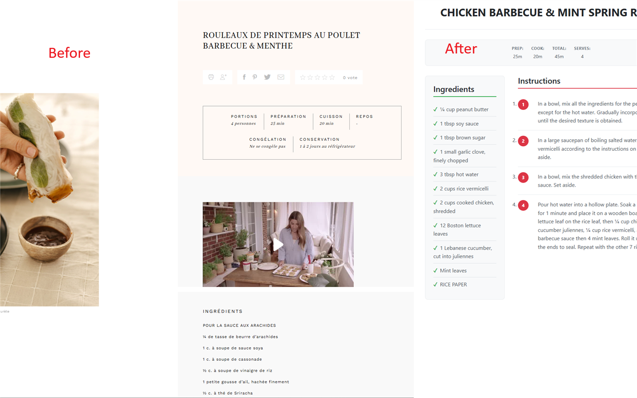 Before and after comparison showing cluttered recipe page transformed into clean view